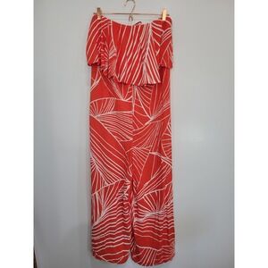 Touché Balneaire Orange White Tropical Leaf Print Strapless Wide Leg Jumpsuit